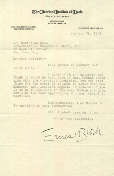 Bloch, Ernest - Typed Letter Signed